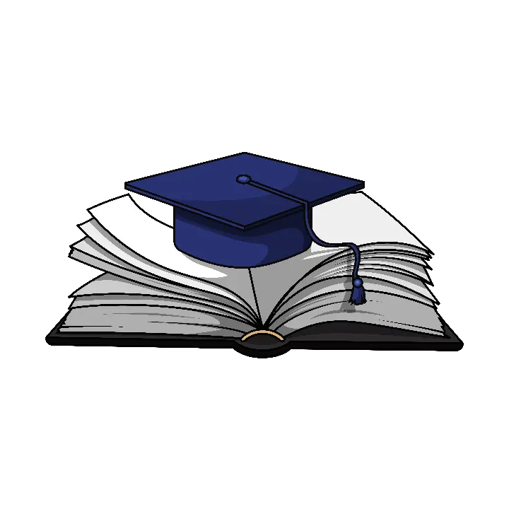 Drawn image of an academic hat on top of an open book